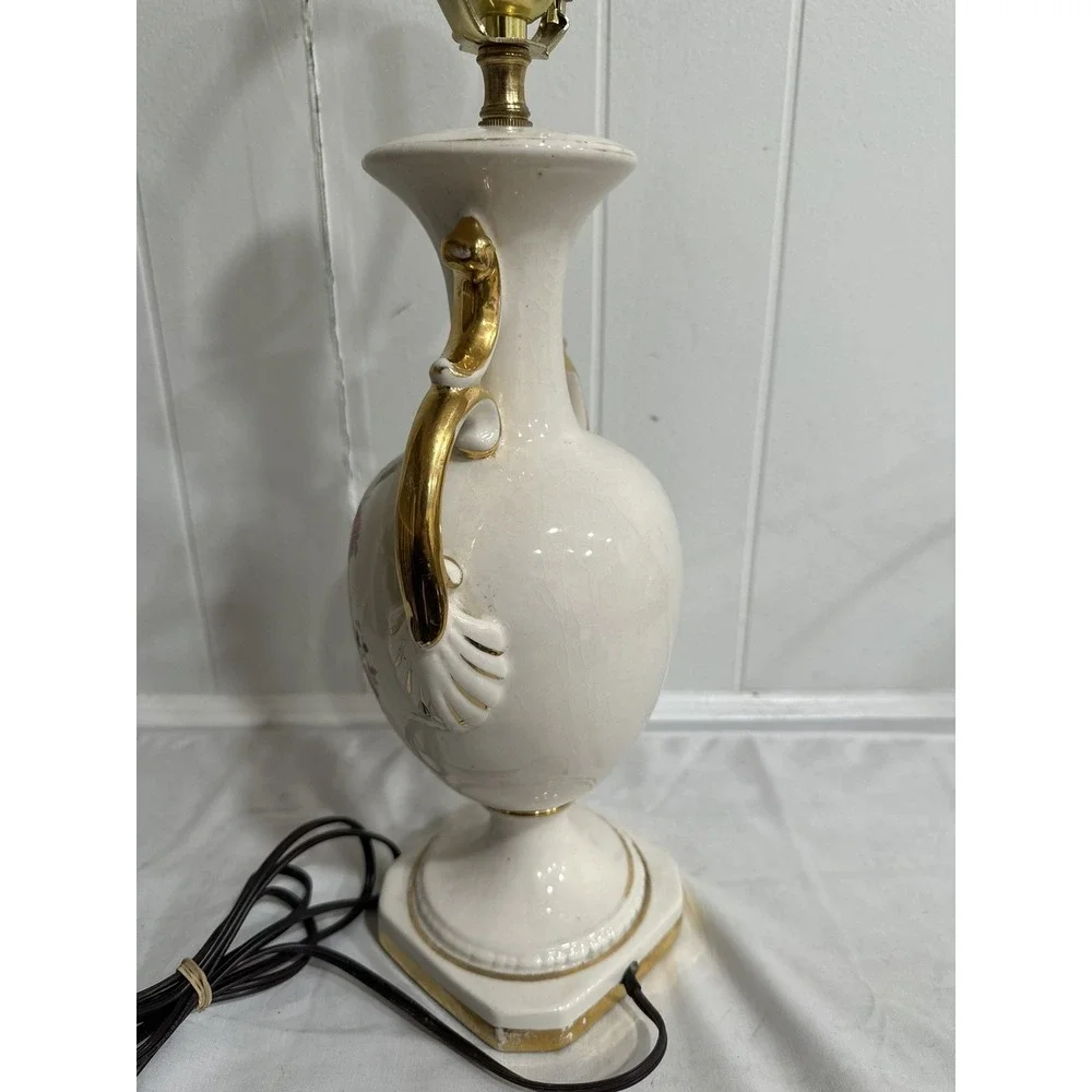 Antique Hand-Painted Porcelain Table Lamp –Floral England Urn Style, Gold Accent